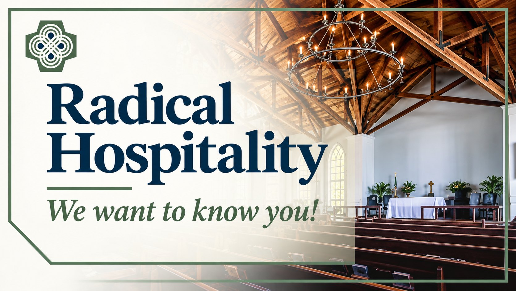 Radical Hospitality. We want to know you! The Abbey sanctuary with its timber ceiling, candle chandelier and altar.
