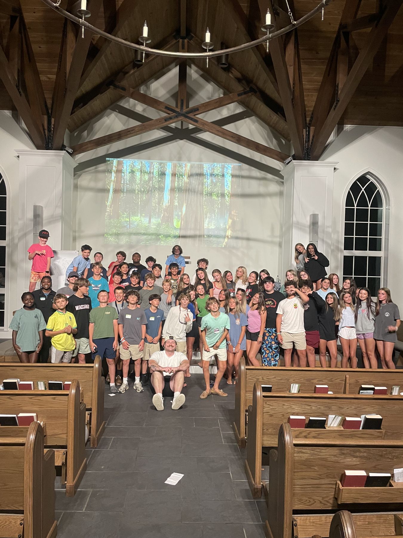 A large group of Yabbey students gathered at the front of the sanctuary